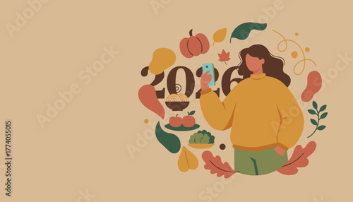 Fall 2026 planning Woman with smartphone surrounded by seasonal harvest elements and leaves