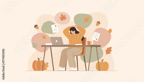 Stressed woman at work with laptop in autumn setting struggling with deadlines and task overload