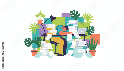 Overworked employee sleeping at desk buried in papers workplace stress and burnout concept