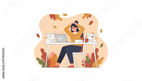 Stressed woman overwhelmed by work overload and deadlines at her autumn office desk Burnout illustration
