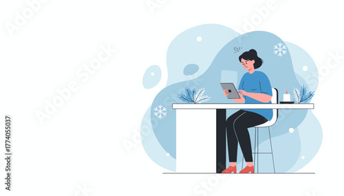 Frustrated woman sitting at desk using tablet during cold winter season