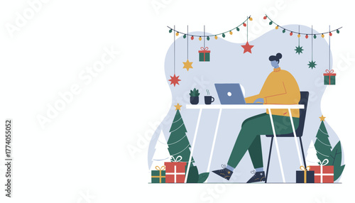 Remote worker typing on laptop at Christmas desk with lights and gifts