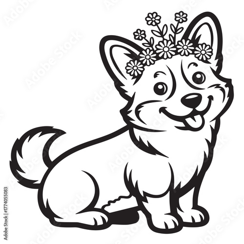 Cute corgi dog with flower crown isolated on white background