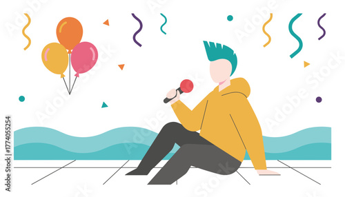 Young person singing into microphone at a fun celebration with confetti and balloons