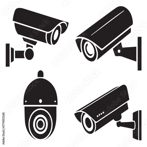 Four security camera silhouettes isolated on white background