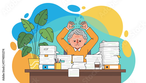 Stressed senior employee overwhelmed by excessive office workload and demanding documents