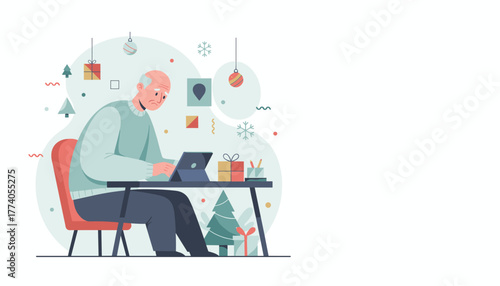 Stressed senior man works on a tablet during the holiday season Christmas blues illustration