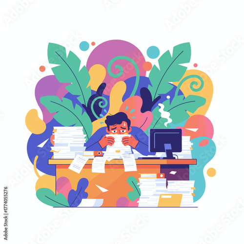 Stressed worker overwhelmed by stacks of paperwork and deadlines at the office desk