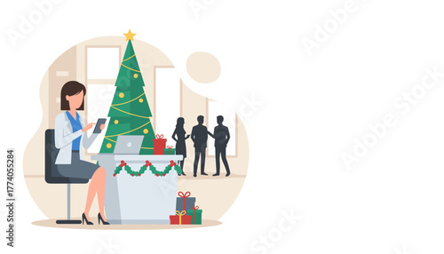 Businesswoman uses phone in office decorated for Christmas colleagues talk nearby