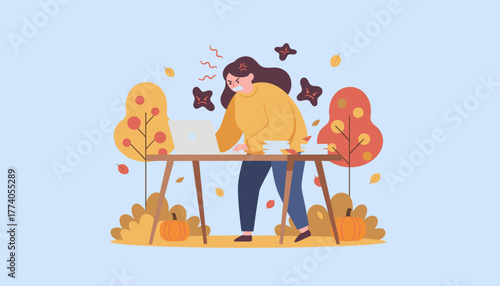 Stressed worker struggling with excessive workload and frustration in an autumn outdoor office
