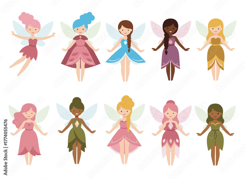 Fototapeta premium A collection of charming, stunning fairies in various outfits, standing alone against a white backdrop, depicting mythic or folkloric winged magical beings, flying fairy‑tale figures, rendered as a