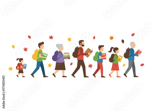 Vector illustration of boys and girls heading to elementary or middle school, cheerful students clutching books amid autumn leaves against a white background, featuring a group of children with