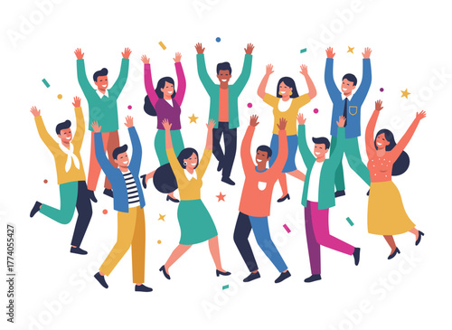 A cheerful group of diverse colleagues standing together, waving to welcome a new customer and teammate, depicted as a flat vector cartoon on a white background