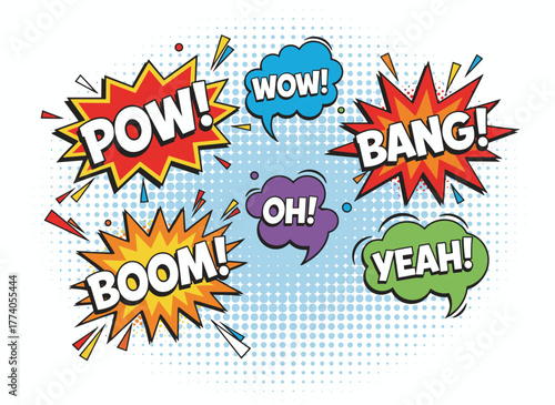 Illustration of isolated comic sound effect bubbles on a white background, featuring words like wow, pow, bang, ouch, crash, woof, no, yes, boom, oh, omg, wtf, deal, oops