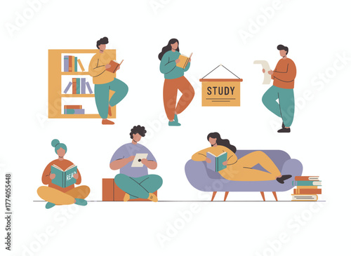 A multiracial group of modern young readers sits together, illustrated as colorful flat vector bookworms on a white background