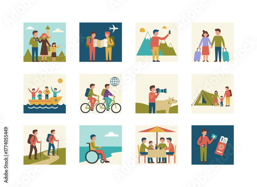 Travelers explore and photograph scenes while traveling, strolling with phones and maps on vacation trips, with friends and couples on journeys and tours, depicted in a flat vector illustration set