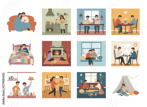 Illustration of both heterosexual and homosexual couples celebrating holidays, featuring joyful lovers on indoor and online romantic dates, rendered as a flat color cartoon vector on a white