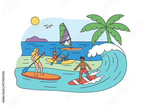 A set of flat graphic vector illustrations depicts people riding, floating, and surfing on boards in summer waves, as well as windsurfing and kiteboarding, all isolated on a white background