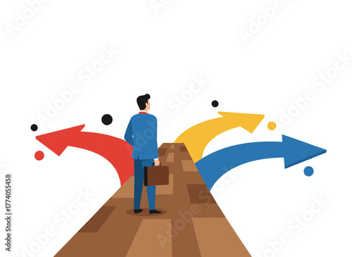 A contemplative businessman stands at a crossroads, grappling with the choice of a career path in a flat cartoon vector illustration