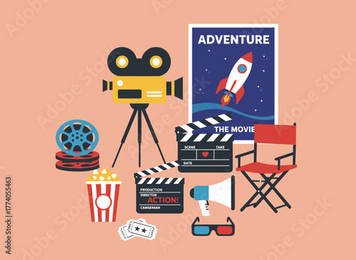 A cartoon cinema design concept featuring various cinematographic elements, hand‑drawn equipment, décor, and viewer accessories in isolated vector illustration, along with production video tools