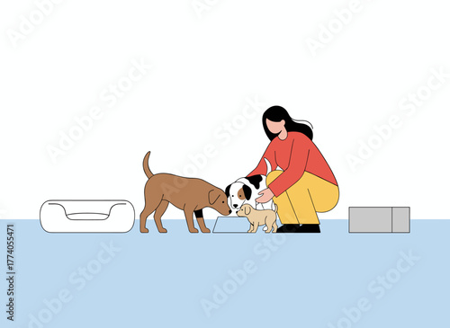A friendly female volunteer feeds stray puppies at an animal shelter or pound, depicted in a colorful flat cartoon vector illustration on a white background