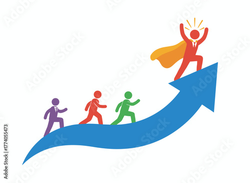 Illustration of a career ladder or leadership hierarchy, showing people advancing and reaching goals, competing colleagues, various specialist levels, rendered as a flat vector cartoon on a white