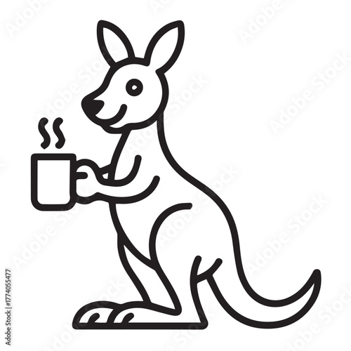Kangaroo holding coffee mug isolated on white background, vector icon