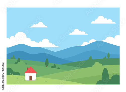 A sweeping view of meadows and mountains, featuring a rural house in a vector illustration, a scenic outdoor scene with a countryside cottage, evoking idyllic country life amid green hills and a blue