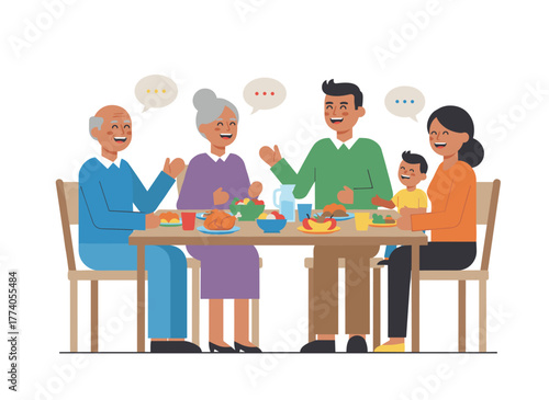 Flat cartoon characters gather around a candlelit table, sharing food and wine while chatting, set against a white background in a vector illustration of a family holiday dinner