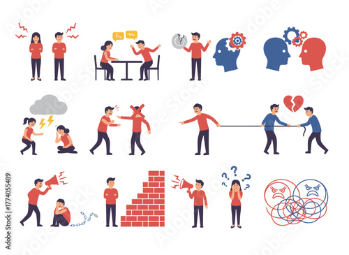 A vibrant flat cartoon vector illustration showing groups of men and women engaged in quarrels, brawls, and shouting