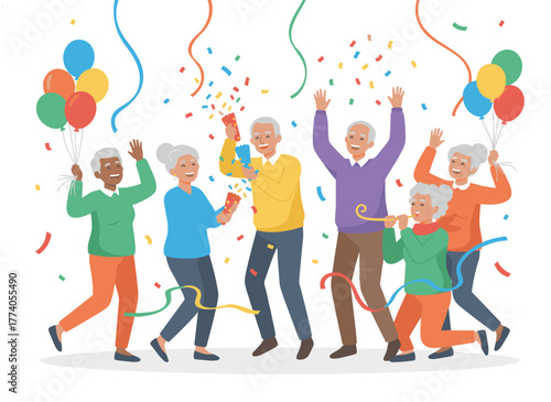 A cheerful crowd celebrates a birthday with confetti, balloons, party hats, and horns, depicting a holiday celebration concept where men and women rejoice together in a colored flat vector