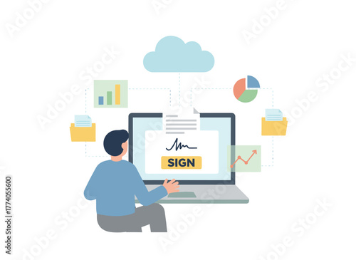 A businessman signs an electronic document on his laptop, with CEO and financial data shown in graphs and charts for a digital report, depicted as a flat vector illustration on a white background