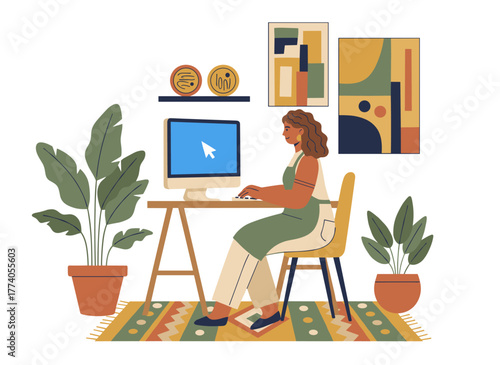 A female graphic designer, illustrator, or freelance artist works at her home desk on a computer, showcasing her creative process in a modern flat cartoon vector illustration