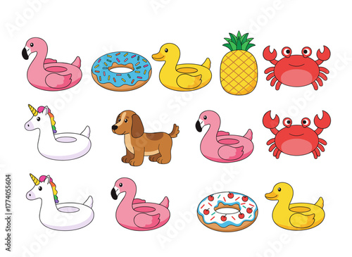 A modern, stylish, colorful rubber inflatable swimming ring set for both children and adults, featuring pink flamingo, bite donut, rainbow unicorn, and crab inner tubes illustrated in cartoon vector