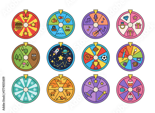 A spinning wheel casino game featuring circular fortune and lucky roulette sets, with rotating lottery machines for gambling, risk, and jackpots, presented as a flat vector illustration on a white