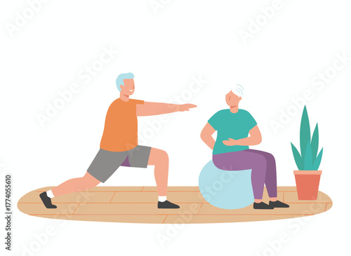 Illustration of an elderly couple practicing yoga at home, an active man and woman exercising on a mat with an aerobic ball, enjoying a shared healthy lifestyle