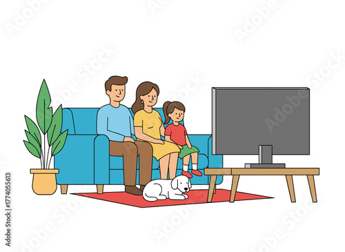 A cheerful family enjoys watching TV together in a flat vector illustration, featuring a smiling cartoon mother, father, and children relaxing in a cozy living room, with the home entertainment