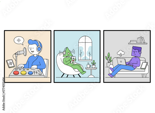 Illustration of cartoon smiling people listening to and recording an audio podcast or online show, featuring a cheerful radio host interviewing a guest, all depicted in flat vector style on a white