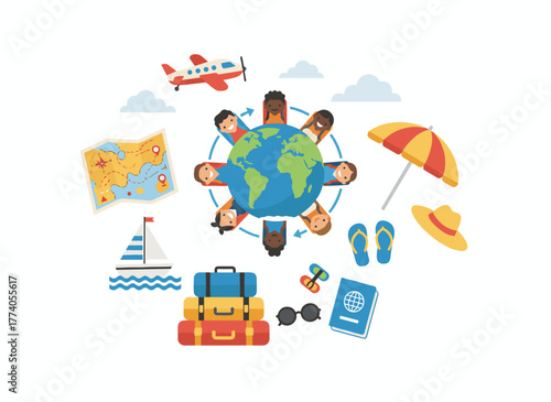 A set of colorful flat cartoon vector illustrations featuring adventure tourism, overseas travel, summer vacations, hiking, and backpacking elements set against a white background