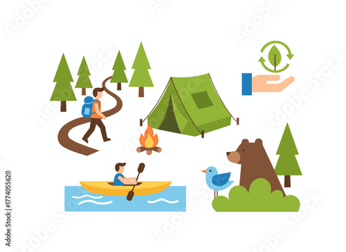 Ecotourism set: a collection of eco-friendly tourism design elements on a white background featuring male and female tourists or ecologists, a tent, a backpack, and a kayak, presented as a flat