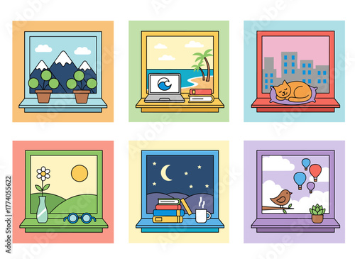 From snug homes, gaze through open windows at scenic cityscapes, seaside, countryside, fields, and mountains, with windowsills and tables inside, rendered as flat vector illustrations