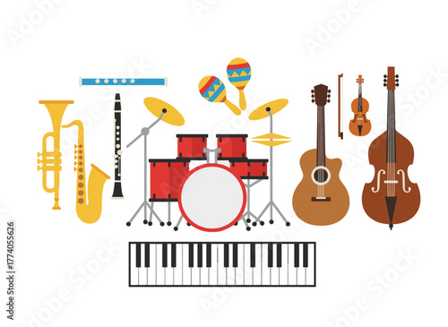 A vibrant assortment of musical instruments set against a white background, featuring strings, brass, percussion, and woodwinds, rendered as a flat cartoon vector illustration