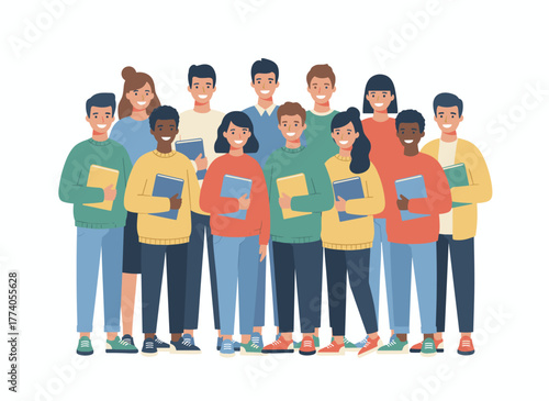 A vibrant flat cartoon vector illustration of smiling teenagers, depicting a diverse group of modern students or classmates standing together, presented as happy young people on a white background