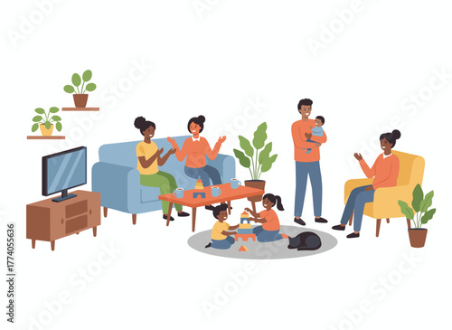A group of young mothers relax on a cozy sofa, sipping tea and chatting while their children play nearby, captured in a friendly, colorful flat cartoon vector illustration