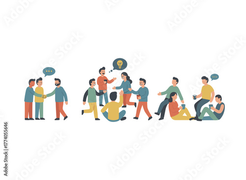 Smartly dressed men and women participate in business meetings, formal discussions, and conferences, while male and female cartoon characters converse and share information in a vector illustration