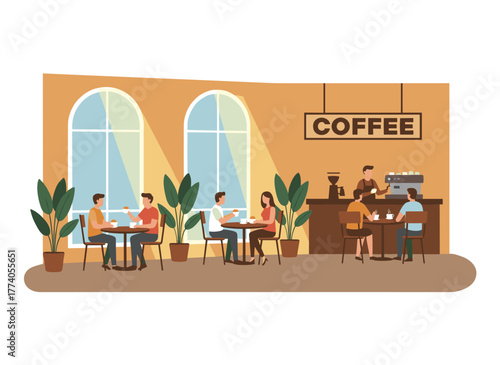 A cozy, relaxing interior of a modern coffee shop bustling with baristas and customers, where men and women rest in a cafeteria or coffeehouse, depicted in a colored flat vector illustration