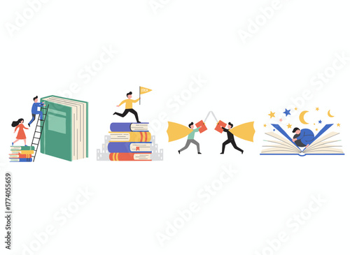 A flat vector illustration featuring a group of people and enigmatic characters surrounded by a stack of books, depicting a man and woman deeply engrossed in literature and lost in a fantasy world