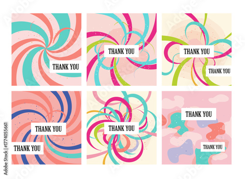 A set of vibrant cards bearing a “thank you” message, along with a collection of abstract background images featuring inscriptions