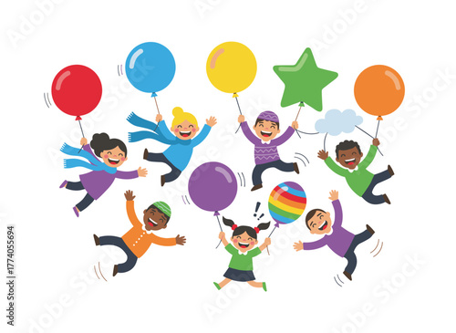 Joyful figures soar with balloons, carefree characters ascending in the air, embodying freedom, energy, fun, and joy, depicted as flat vector illustrations against a white backdrop