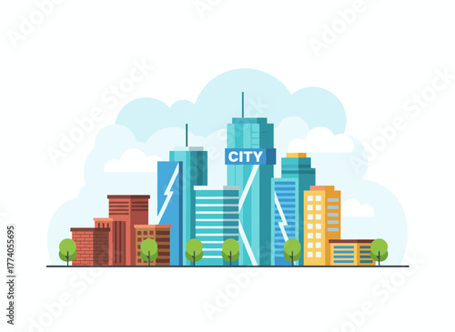 A flat-style vector illustration of a modern city center featuring skyscrapers, residential houses, and a colorful panoramic downtown view, capturing a megalopolis skyline and urban scenery